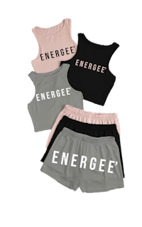 a set of shorts and a tank top with the word energize