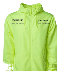 a neon yellow windbreaker jacket with the words energize protect your energy